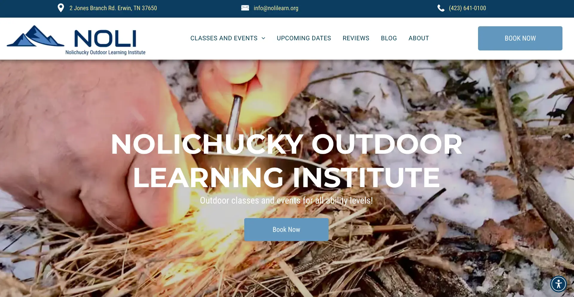 Homepage of the Nolichucky Outdoor Learning Institute website with hero video and booking call to action